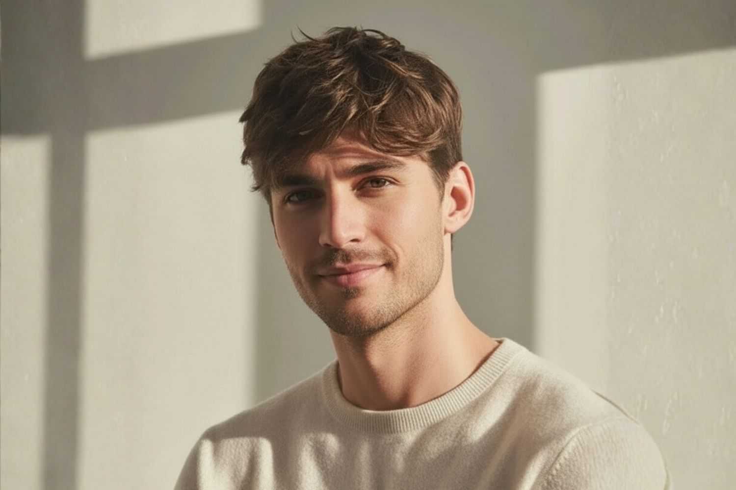 Man in casual sweater smiling in soft natural light.