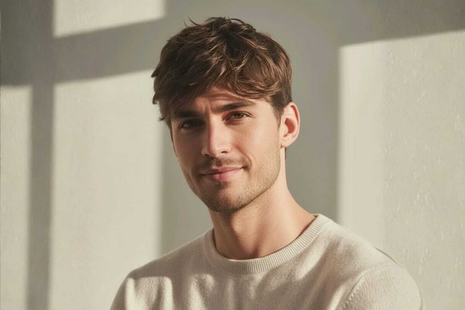 Man in casual sweater smiling in soft natural light.